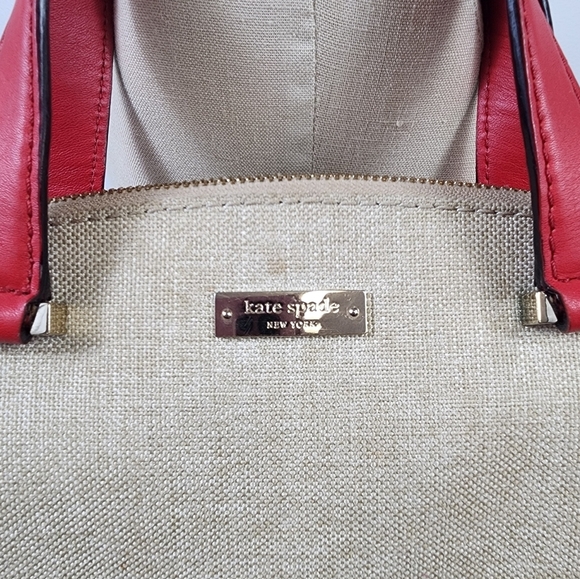 Kate Spade Red Beige Canvas Leather 2Way Crossbody Top Handle Satchel - Picture 4 of 16